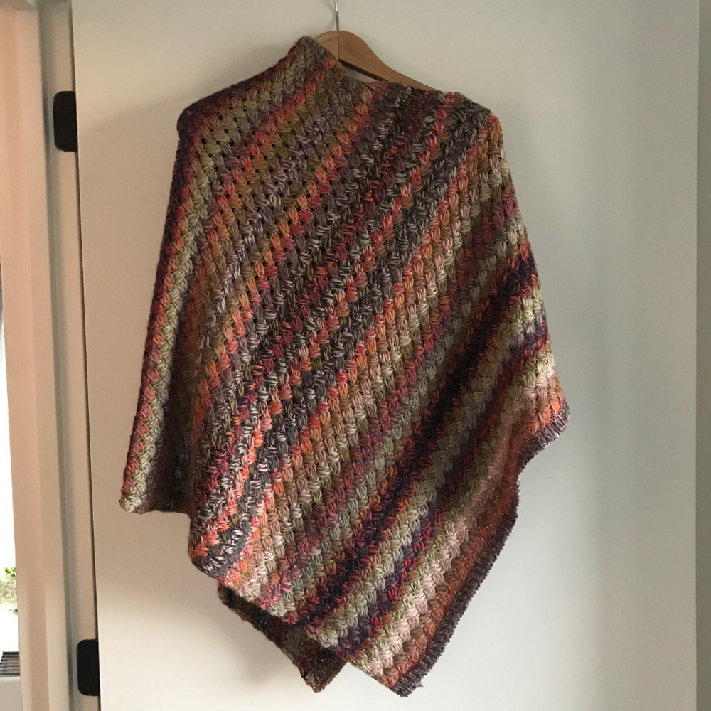 Multi-color hand knit one-piece poncho